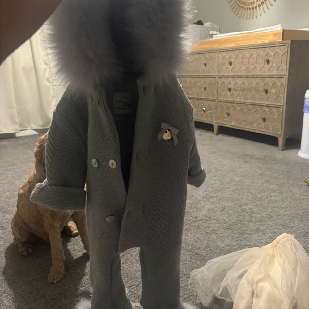 Gray Fur-Trimmed Baby Onesie